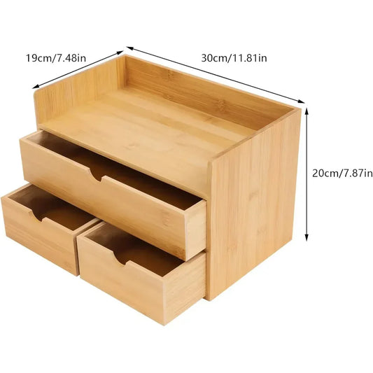 Bamboo Desk Organizer with 3 Drawers – Compact Tabletop Storage for Office, Vanity, or Nightstand Use