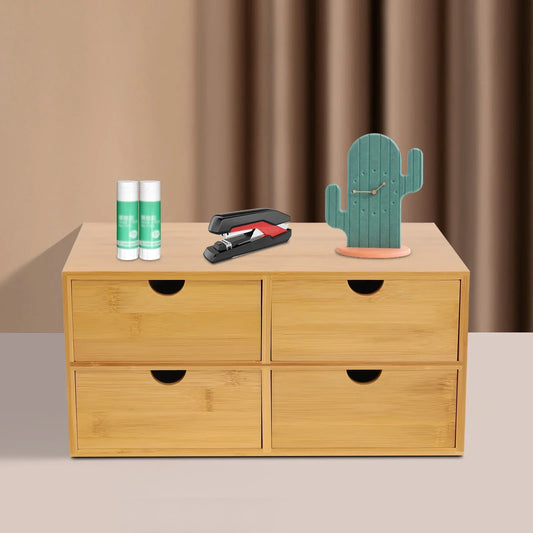 4-Drawer Mini Bamboo Desk Organizer – Tabletop Storage Box for Office, Home, Toiletries & Supplies