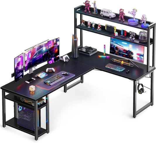 66" L-Shaped Gaming & Office Desk – Corner Desk with Hutch & Storage Shelves for Home & Workstation Setup