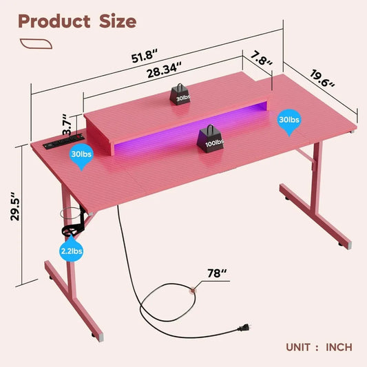 52" Pink Gaming Desk – with LED Lights, Power Outlet, Monitor Stand & Headphone Hook
