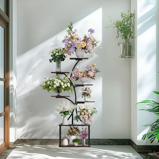 Industrial Tree-Shaped Plant Stand – Multilayered Indoor/Outdoor Flower Display Rack for Home & Garden Corners