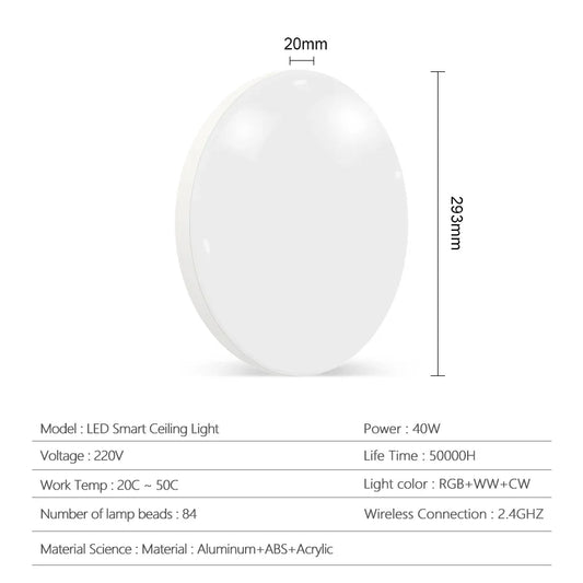 RGB Smart LED Ceiling Lamp – 40W Tuya WiFi Panel Light (220V) for Alexa & Google Home