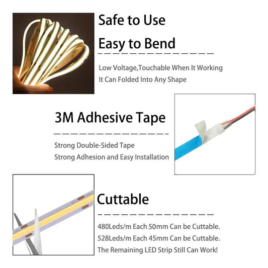 COB LED Strip Light – High-Density Flexible Linear Tape Light (480/528 LEDs/m) for Decorative Lighting
