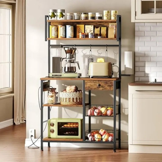 Bakers Rack with 4 AC Power Outlets – 5-Tier Coffee Bar with Wire Basket, Microwave Stand, Paper Holder & Drawer