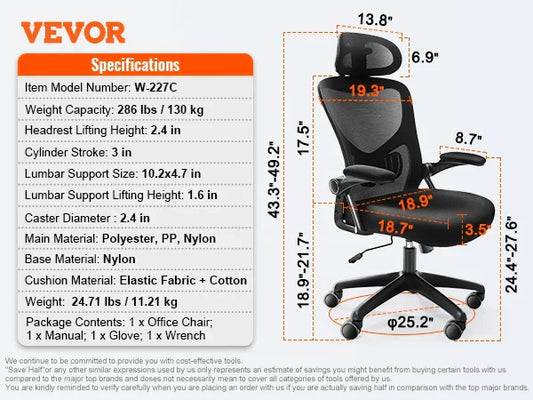VEVOR Ergonomic Office Chair – Adjustable Mesh Chair with Sliding Seat & Lumbar Support