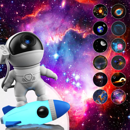 Rocket Astronaut Galaxy Projector – 360° Rotating Night Light with 13 Film Discs for Kids