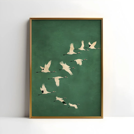 Emerald Green Cranes Poster – Japanese-Inspired Large Bird Artwork with Gold Accents on Canvas for Living Room & Home Décor