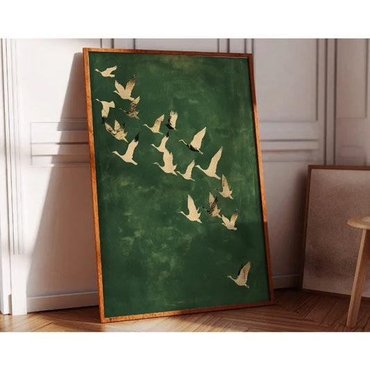 Emerald Green Cranes Poster – Japanese-Inspired Large Bird Artwork with Gold Accents on Canvas for Living Room & Home Décor