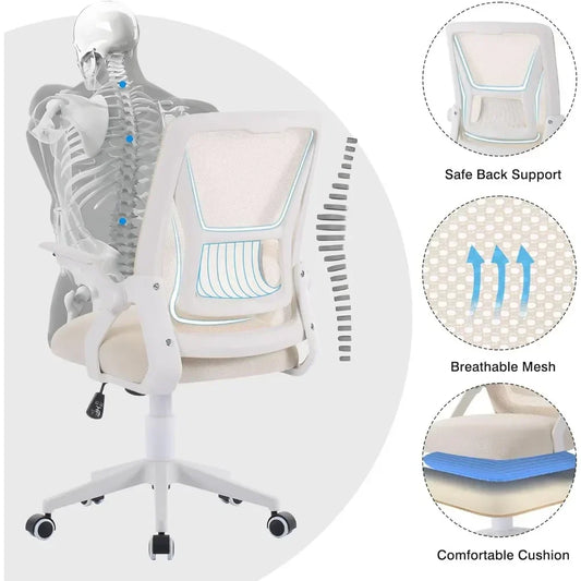 Beige Mid-Back Desk Chair – Ergonomic Swivel Office Chair with Adjustable Arms & Mesh Lumbar Support