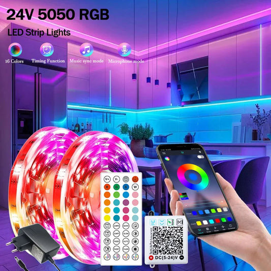 RGB 5050 LED Strip Light – Bluetooth APP Controlled, 24V Flexible Ribbon Tape for Gaming Room Decor