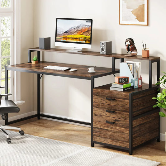 Tribesigns 63 Inch Computer Desk – Ergonomic Office Desk with File Drawer & Monitor Stand
