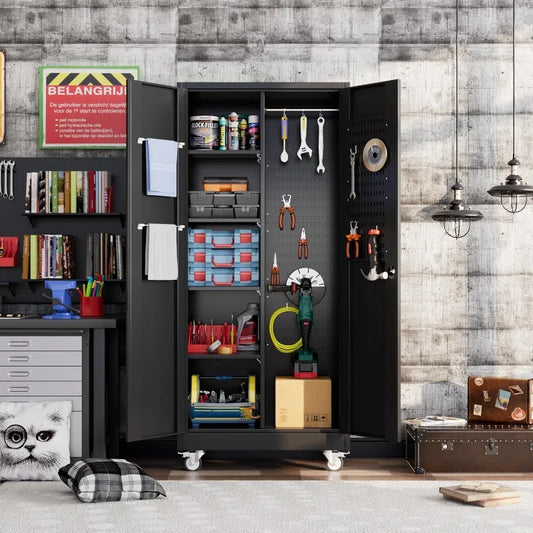 Garage Storage Cabinet with Wheels – Metal Tool Cabinet with Pegboards & Adjustable Shelves